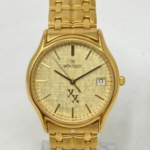 Vintage Montreux Watch Men 34mm Gold Tone Date READ Linen Dial New Battery 7.5"